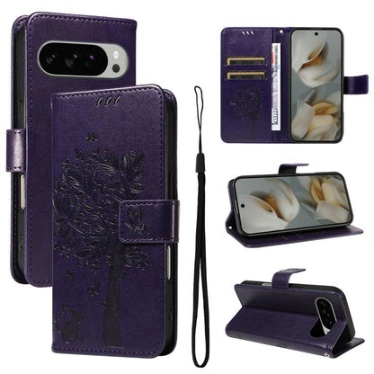 Tree & Cat Embossed Pattern Flip Leather Phone Case, For Google Pixel 10a, For Google Pixel 10 Pro XL 5G Global, For Google Pixel 10 5G / 10 Pro 5G Global