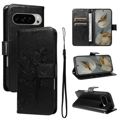 Tree & Cat Embossed Pattern Flip Leather Phone Case, For Google Pixel 10a, For Google Pixel 10 Pro XL 5G Global, For Google Pixel 10 5G / 10 Pro 5G Global