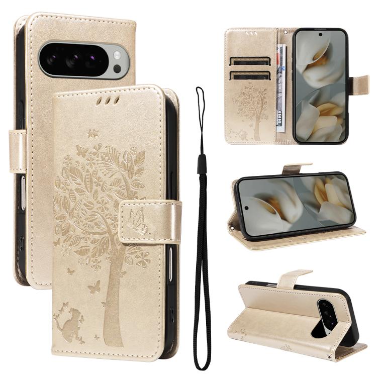 Tree & Cat Embossed Pattern Flip Leather Phone Case, For Google Pixel 10a, For Google Pixel 10 Pro XL 5G Global, For Google Pixel 10 5G / 10 Pro 5G Global