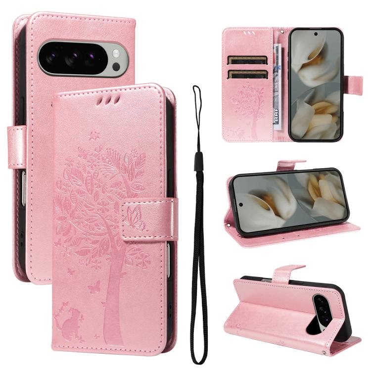 Tree & Cat Embossed Pattern Flip Leather Phone Case, For Google Pixel 10a, For Google Pixel 10 Pro XL 5G Global, For Google Pixel 10 5G / 10 Pro 5G Global