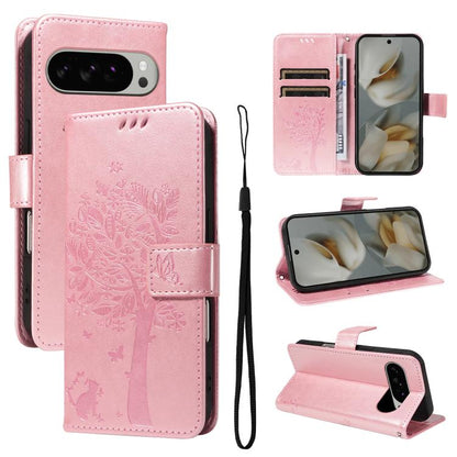 Tree & Cat Embossed Pattern Flip Leather Phone Case, For Google Pixel 10a, For Google Pixel 10 Pro XL 5G Global, For Google Pixel 10 5G / 10 Pro 5G Global