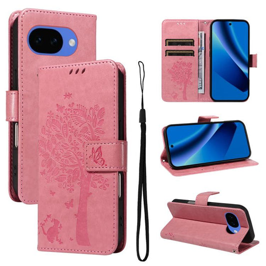 Tree & Cat Embossed Pattern Flip Leather Phone Case, For Google Pixel 10a, For Google Pixel 10 Pro XL 5G Global, For Google Pixel 10 5G / 10 Pro 5G Global