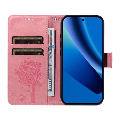 Tree & Cat Embossed Pattern Flip Leather Phone Case, For Google Pixel 10a, For Google Pixel 10 Pro XL 5G Global, For Google Pixel 10 5G / 10 Pro 5G Global