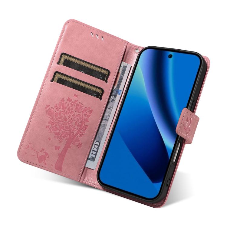 Tree & Cat Embossed Pattern Flip Leather Phone Case, For Google Pixel 10a, For Google Pixel 10 Pro XL 5G Global, For Google Pixel 10 5G / 10 Pro 5G Global