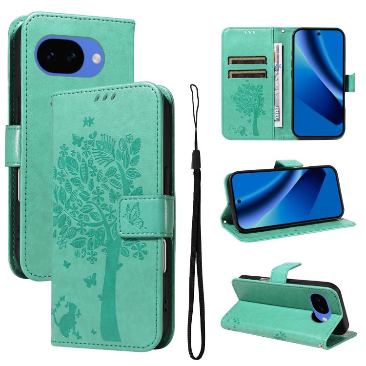 Tree & Cat Embossed Pattern Flip Leather Phone Case, For Google Pixel 10a, For Google Pixel 10 Pro XL 5G Global, For Google Pixel 10 5G / 10 Pro 5G Global