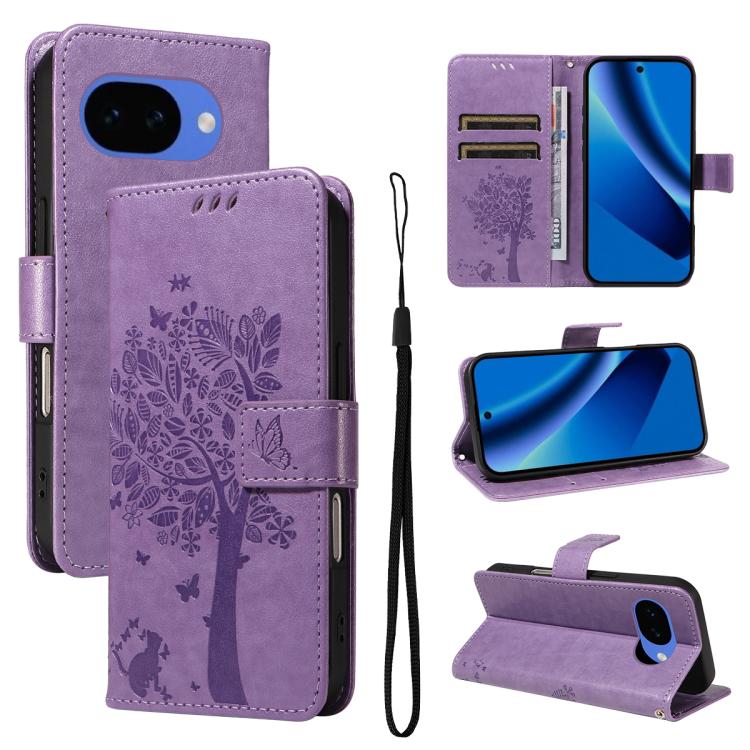 Tree & Cat Embossed Pattern Flip Leather Phone Case, For Google Pixel 10a, For Google Pixel 10 Pro XL 5G Global, For Google Pixel 10 5G / 10 Pro 5G Global