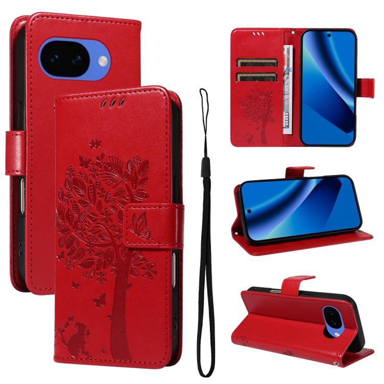 Tree & Cat Embossed Pattern Flip Leather Phone Case, For Google Pixel 10a, For Google Pixel 10 Pro XL 5G Global, For Google Pixel 10 5G / 10 Pro 5G Global