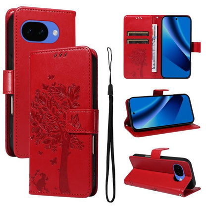 Tree & Cat Embossed Pattern Flip Leather Phone Case, For Google Pixel 10a, For Google Pixel 10 Pro XL 5G Global, For Google Pixel 10 5G / 10 Pro 5G Global