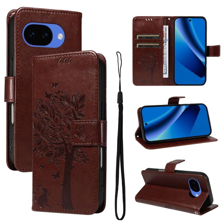 Tree & Cat Embossed Pattern Flip Leather Phone Case, For Google Pixel 10a, For Google Pixel 10 Pro XL 5G Global, For Google Pixel 10 5G / 10 Pro 5G Global