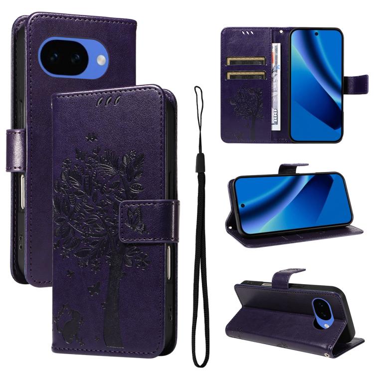 Tree & Cat Embossed Pattern Flip Leather Phone Case, For Google Pixel 10a, For Google Pixel 10 Pro XL 5G Global, For Google Pixel 10 5G / 10 Pro 5G Global