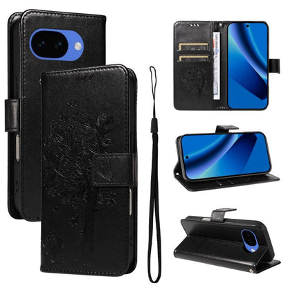 Tree & Cat Embossed Pattern Flip Leather Phone Case, For Google Pixel 10a, For Google Pixel 10 Pro XL 5G Global, For Google Pixel 10 5G / 10 Pro 5G Global