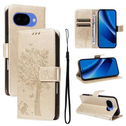 Tree & Cat Embossed Pattern Flip Leather Phone Case, For Google Pixel 10a, For Google Pixel 10 Pro XL 5G Global, For Google Pixel 10 5G / 10 Pro 5G Global