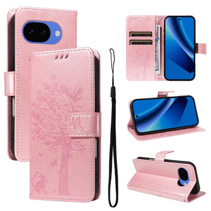 Tree & Cat Embossed Pattern Flip Leather Phone Case, For Google Pixel 10a, For Google Pixel 10 Pro XL 5G Global, For Google Pixel 10 5G / 10 Pro 5G Global