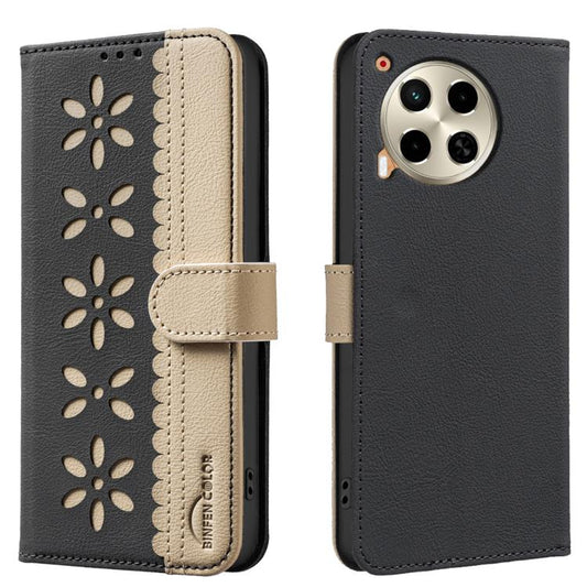 Splicing Color Hollow Flower Pattern RFID Leather Phone Case, For Tecno Camon 30 4G / 30 5G, For Tecno Spark 20 Pro+, For Tecno Spark 20 Pro, For Tecno Spark GO 2024 / 20C / Pop 8, For Tecno Spark 20