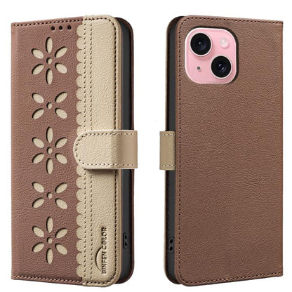 Splicing Color Hollow Flower Pattern RFID Leather Phone Case