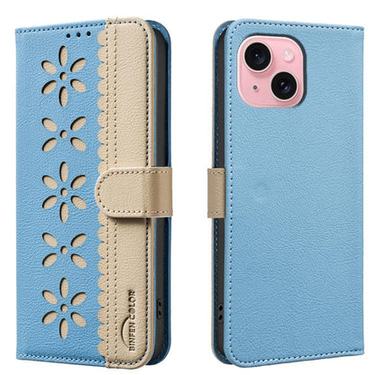 Splicing Color Hollow Flower Pattern RFID Leather Phone Case