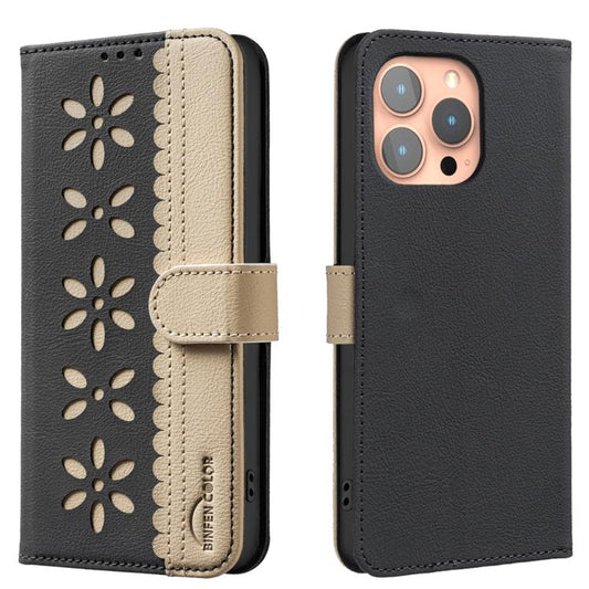 Splicing Color Hollow Flower Pattern RFID Leather Phone Case, For iPhone 13 Pro Max, For iPhone 13 Pro, For iPhone 12 / 12 Pro, For iPhone 12 Pro Max, For iPhone 11 Pro Max, For iPhone 11, For iPhone 11 Pro, For iPhone XR, For iPhone XS Max