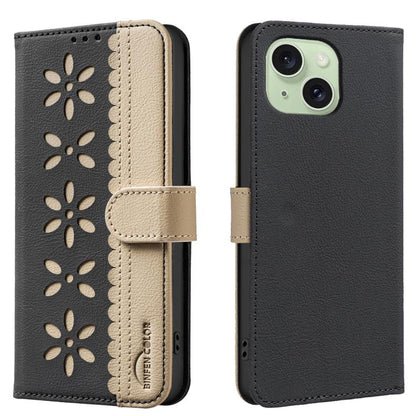 Splicing Color Hollow Flower Pattern RFID Leather Phone Case