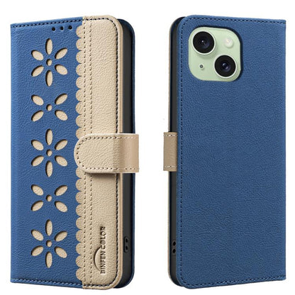 Splicing Color Hollow Flower Pattern RFID Leather Phone Case