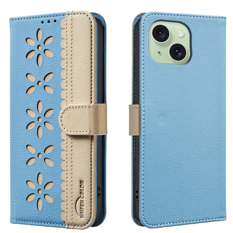Splicing Color Hollow Flower Pattern RFID Leather Phone Case