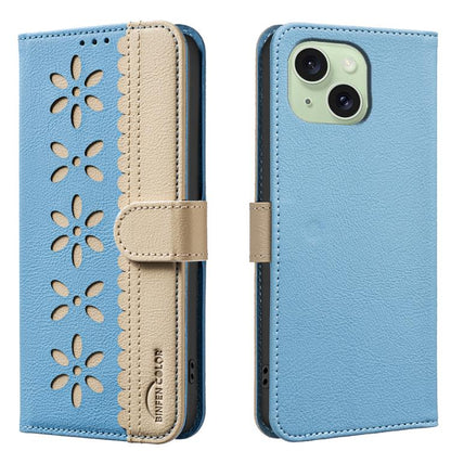 Splicing Color Hollow Flower Pattern RFID Leather Phone Case