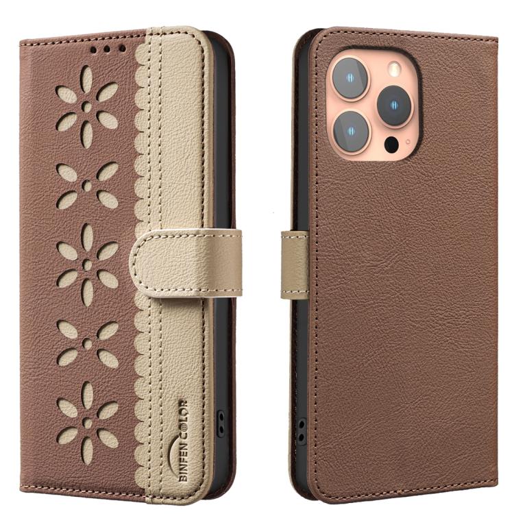 Splicing Color Hollow Flower Pattern RFID Leather Phone Case