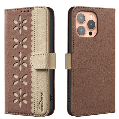Splicing Color Hollow Flower Pattern RFID Leather Phone Case