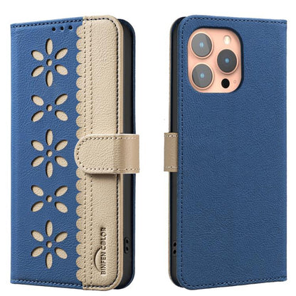 Splicing Color Hollow Flower Pattern RFID Leather Phone Case