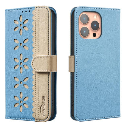 Splicing Color Hollow Flower Pattern RFID Leather Phone Case