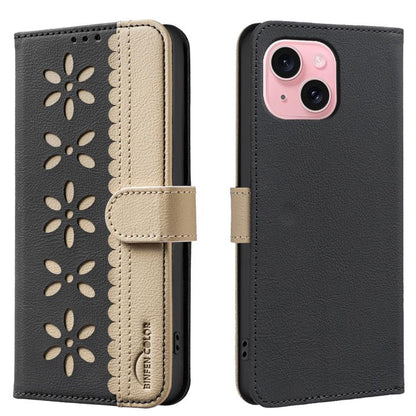 Splicing Color Hollow Flower Pattern RFID Leather Phone Case