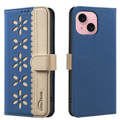 Splicing Color Hollow Flower Pattern RFID Leather Phone Case