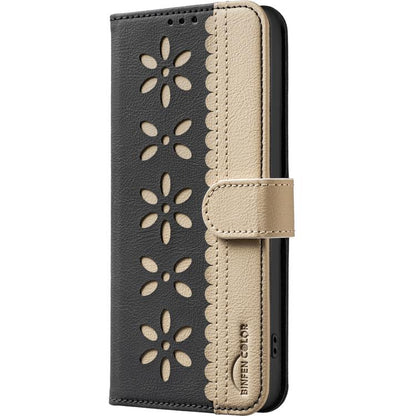 Splicing Color Hollow Flower Pattern RFID Leather Phone Case, For iPhone 16e / 17e, For iPhone 17 Pro Max, For iPhone 17 Pro, For iPhone 17, For iPhone Air, For iPhone 16 Pro Max, For iPhone 16 Pro, For iPhone 16 Plus, For iPhone 16, For iPhone 15 Pro ...