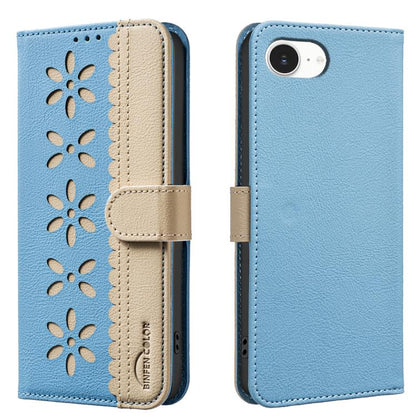 Splicing Color Hollow Flower Pattern RFID Leather Phone Case, For iPhone 16e / 17e, For iPhone 17 Pro Max, For iPhone 17 Pro, For iPhone 17, For iPhone Air, For iPhone 16 Pro Max, For iPhone 16 Pro, For iPhone 16 Plus, For iPhone 16, For iPhone 15 Pro ...