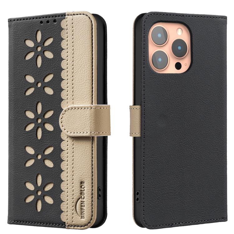 Splicing Color Hollow Flower Pattern RFID Leather Phone Case