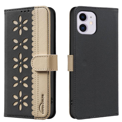 Splicing Color Hollow Flower Pattern RFID Leather Phone Case