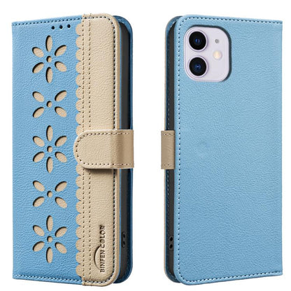 Splicing Color Hollow Flower Pattern RFID Leather Phone Case
