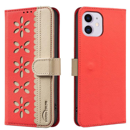 Splicing Color Hollow Flower Pattern RFID Leather Phone Case