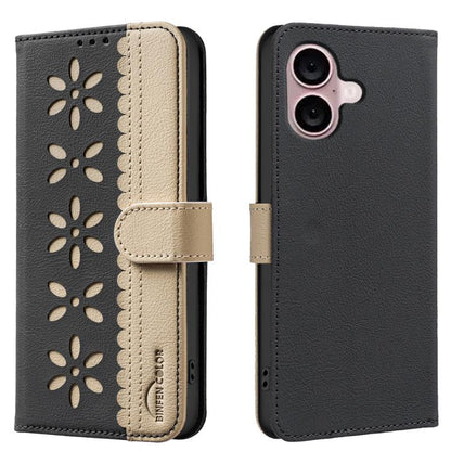 Splicing Color Hollow Flower Pattern RFID Leather Phone Case