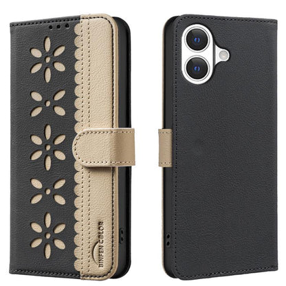 Splicing Color Hollow Flower Pattern RFID Leather Phone Case