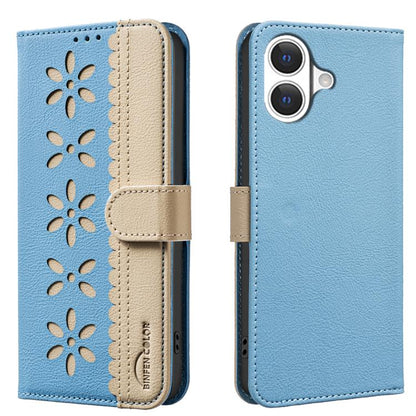 Splicing Color Hollow Flower Pattern RFID Leather Phone Case