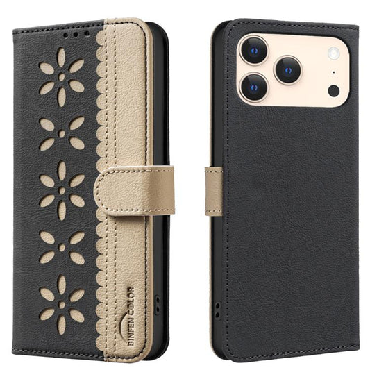 Splicing Color Hollow Flower Pattern RFID Leather Phone Case, For iPhone 18 Pro/17 Pro, For iPhone 18 Pro Max/17 Pro Max, For iPhone 16e / 17e, For iPhone 17, For iPhone Air, For iPhone 16 Pro Max, For iPhone 16 Pro, For iPhone 16 Plus, For iPhone 16