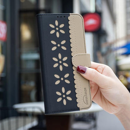 Splicing Color Hollow Flower Pattern RFID Leather Phone Case, For iPhone 18 Pro/17 Pro, For iPhone 18 Pro Max/17 Pro Max, For iPhone 16e / 17e, For iPhone 17, For iPhone Air, For iPhone 16 Pro Max, For iPhone 16 Pro, For iPhone 16 Plus, For iPhone 16  ...