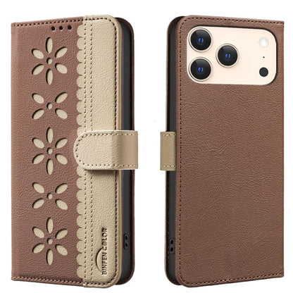 Splicing Color Hollow Flower Pattern RFID Leather Phone Case, For iPhone 16e / 17e, For iPhone 17 Pro Max, For iPhone 17 Pro, For iPhone 17, For iPhone Air, For iPhone 16 Pro Max, For iPhone 16 Pro, For iPhone 16 Plus, For iPhone 16, For iPhone 15 Pro ...