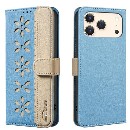 Splicing Color Hollow Flower Pattern RFID Leather Phone Case, For iPhone 16e / 17e, For iPhone 17 Pro Max, For iPhone 17 Pro, For iPhone 17, For iPhone Air, For iPhone 16 Pro Max, For iPhone 16 Pro, For iPhone 16 Plus, For iPhone 16, For iPhone 15 Pro ...