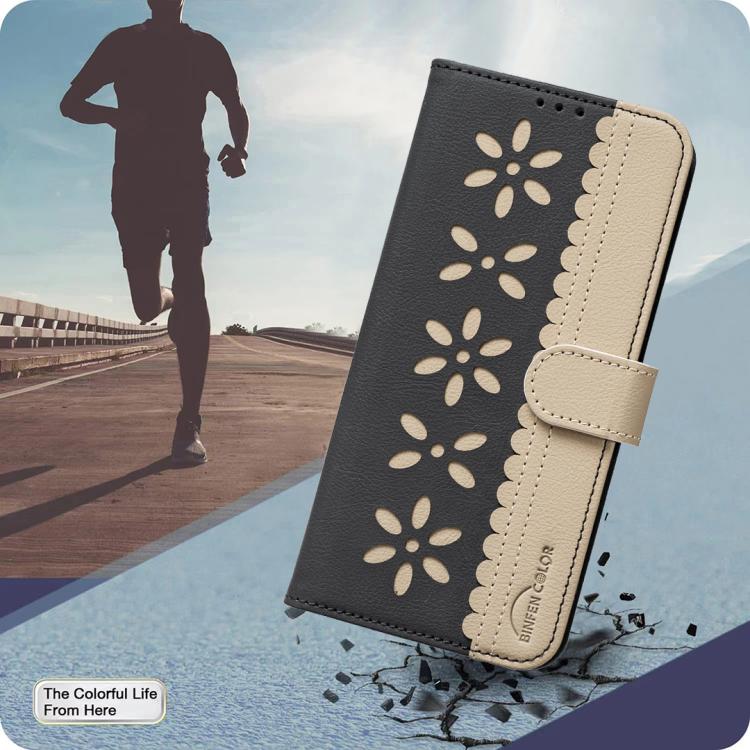 Splicing Color Hollow Flower Pattern RFID Leather Phone Case