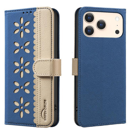 Splicing Color Hollow Flower Pattern RFID Leather Phone Case, For iPhone 16e / 17e, For iPhone 17 Pro Max, For iPhone 17 Pro, For iPhone 17, For iPhone Air, For iPhone 16 Pro Max, For iPhone 16 Pro, For iPhone 16 Plus, For iPhone 16, For iPhone 15 Pro ...