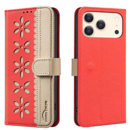 Splicing Color Hollow Flower Pattern RFID Leather Phone Case, For iPhone 16e / 17e, For iPhone 17 Pro Max, For iPhone 17 Pro, For iPhone 17, For iPhone Air, For iPhone 16 Pro Max, For iPhone 16 Pro, For iPhone 16 Plus, For iPhone 16, For iPhone 15 Pro ...