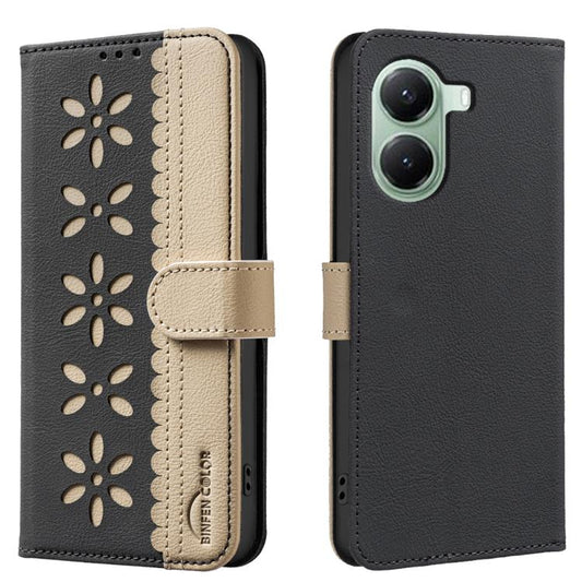 Splicing Color Hollow Flower Pattern RFID Leather Phone Case, For Redmi Turbo 4, For Redmi 14C, For Redmi Note 14 5G, For Redmi Note 14 Pro 4G, For Redmi Note 14 4G 163.25mm, For Redmi Note 14 Pro 5G / 14 Pro+ 5G, For Redmi K70 / K70 Pro, For Redmi A3 ...