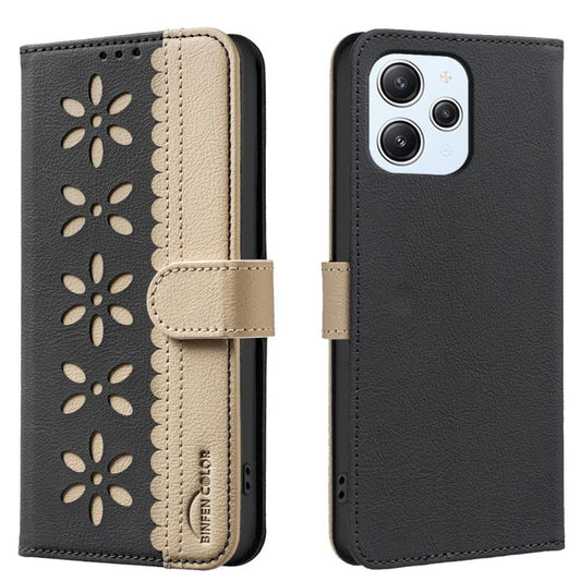 Splicing Color Hollow Flower Pattern RFID Leather Phone Case, For Redmi 12 4G, For Redmi Note 12 Turbo, For Redmi Note 11 / Note 11S, For Redmi Note 12 Pro, For Redmi Note 12 4G, For Redmi 12C, For Redmi Note 12 Pro+, For Redmi Note 12 5G