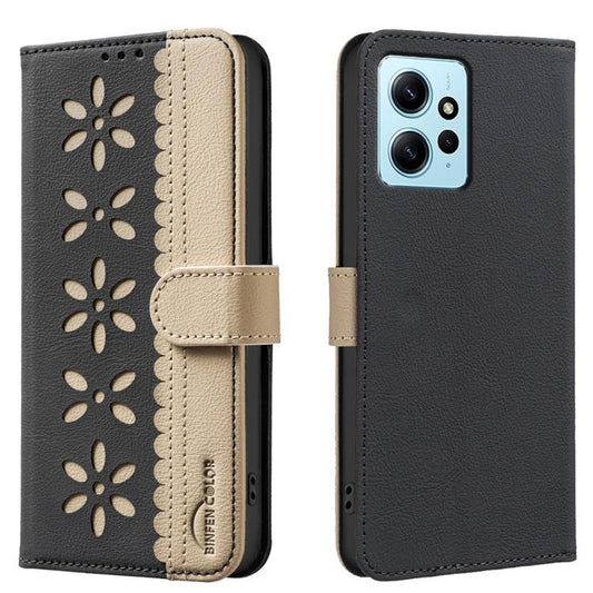 Splicing Color Hollow Flower Pattern RFID Leather Phone Case, For Redmi Note 12 4G, For Redmi 12C, For Redmi Note 12 Pro+, For Redmi Note 12 5G, For Redmi Note 11 Pro Global 6.67 inch, For Redmi 10 5G / Note 11 4G 6.5 inch